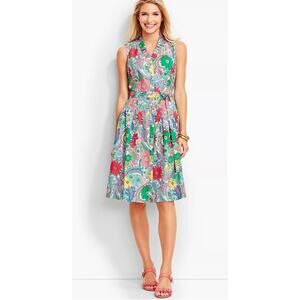 Talbots Flare Floral Paisley Print Button Down Vibrant Tie Waist Dress Pockets